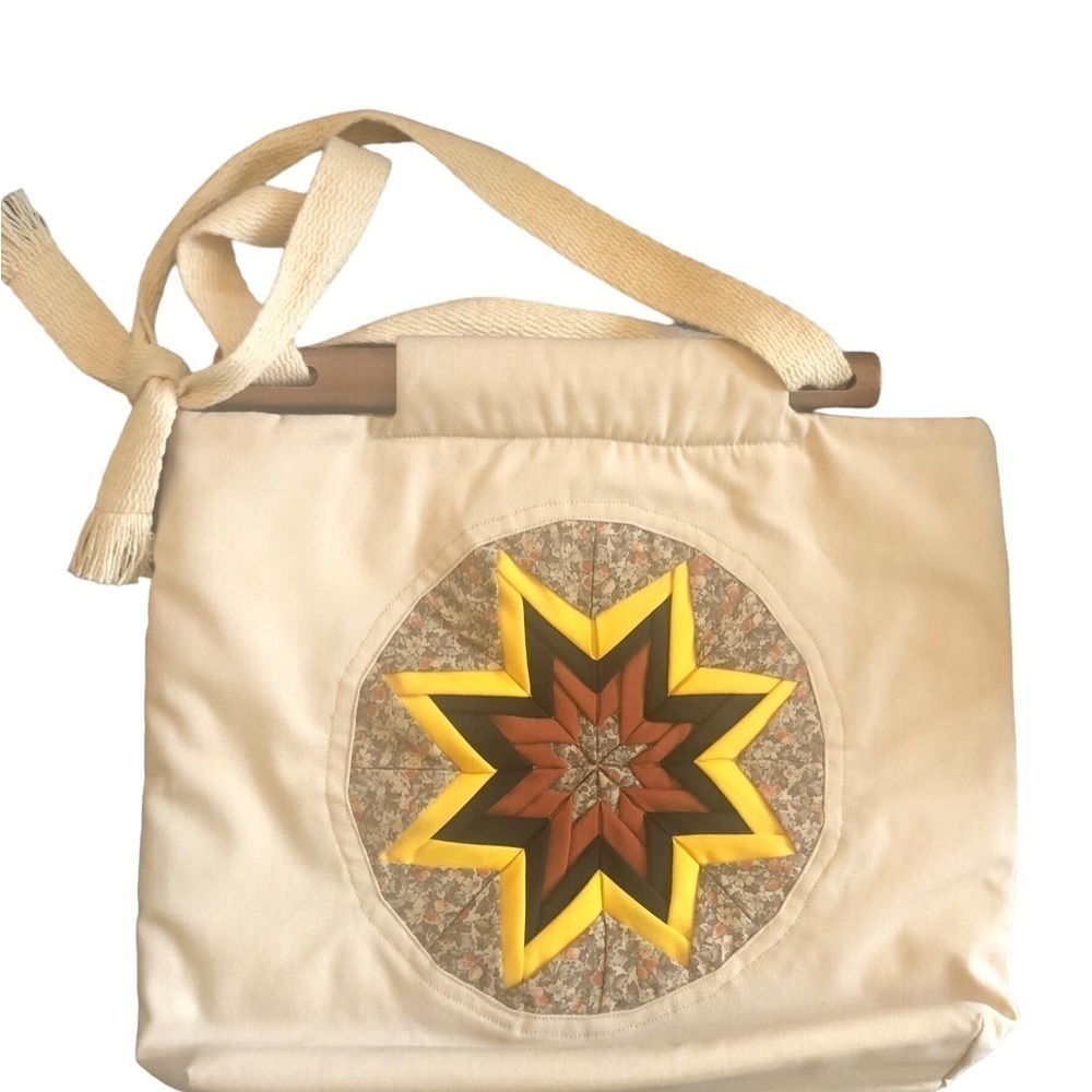 Handmade Quilted Sunburst Lined Small Tote Book Bag Wood Handles Pockets Lined